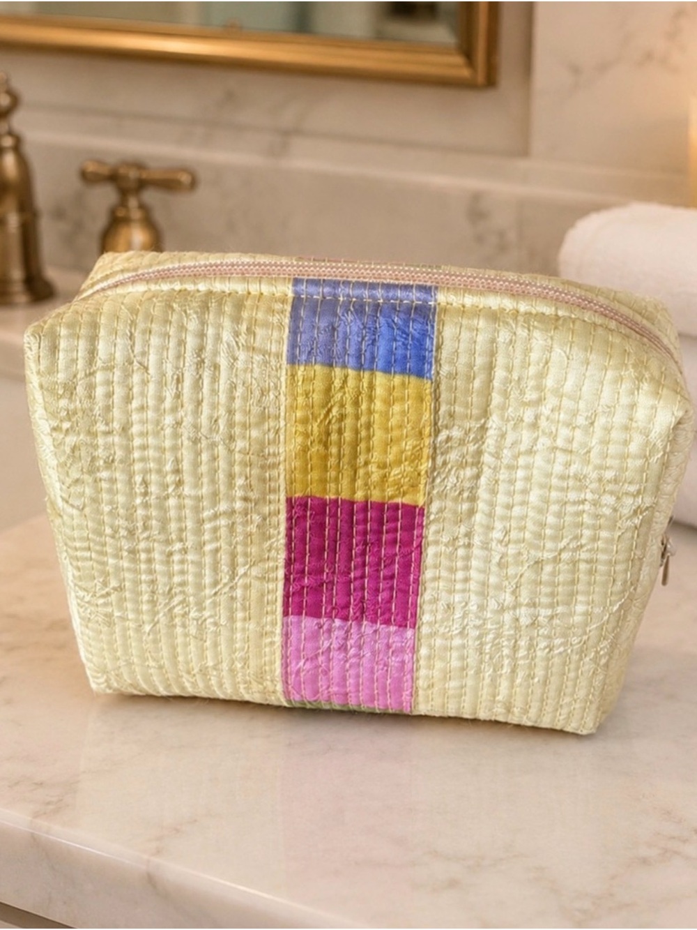 Quilted Yellow Cosmetic Pouch with Multi-Color Stripe NWOT